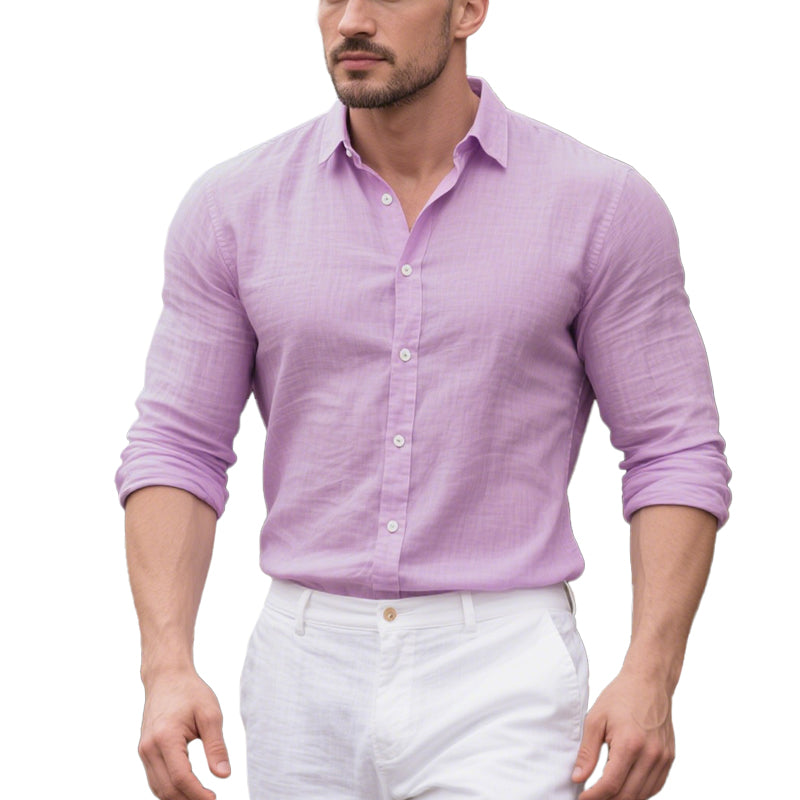 Men's Cotton and Linen Casual Solid Color Lapel Shirt 9261774962872