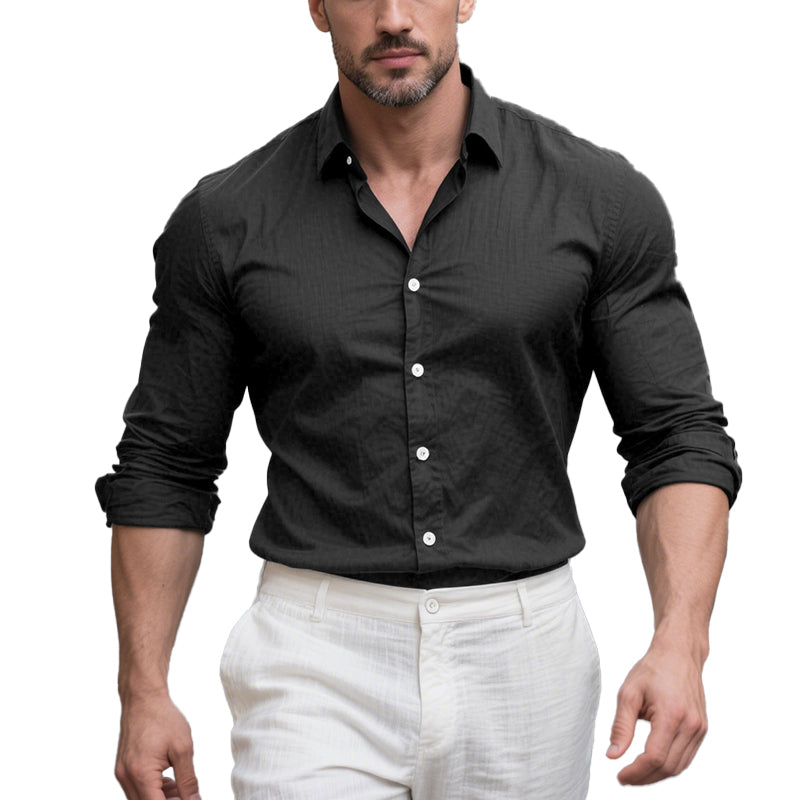 Men's Cotton and Linen Casual Solid Color Lapel Shirt 9261774962872