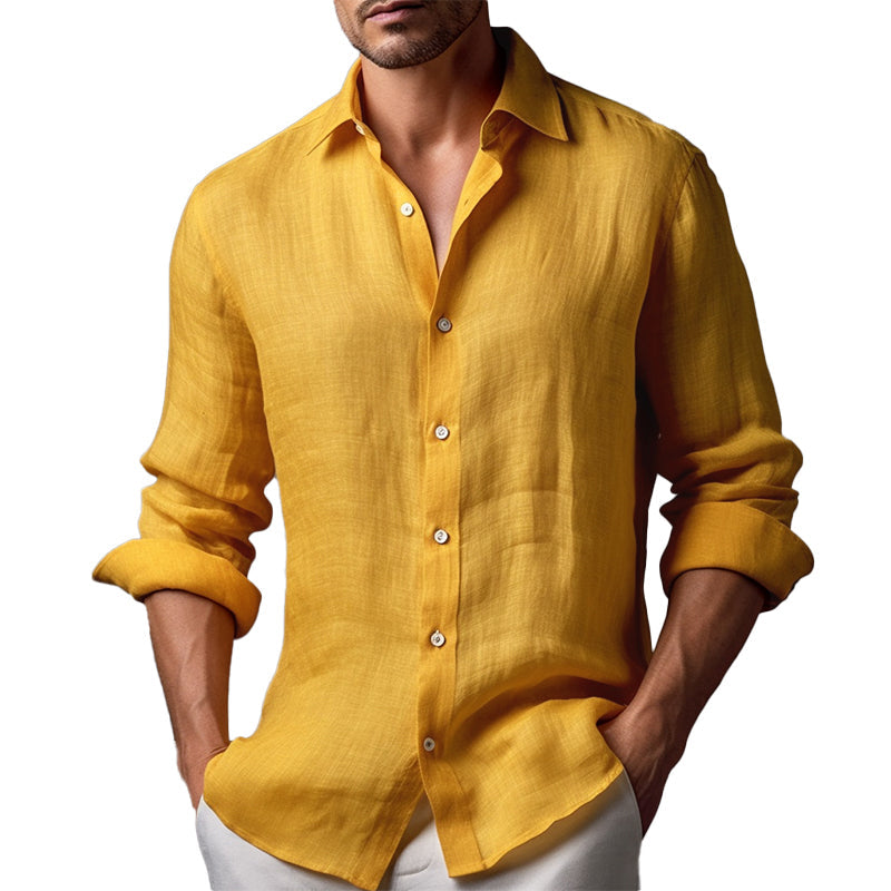 Men's Casual Solid Color Linen Lapel Slim Fit Long Sleeve Shirt 9261779681464