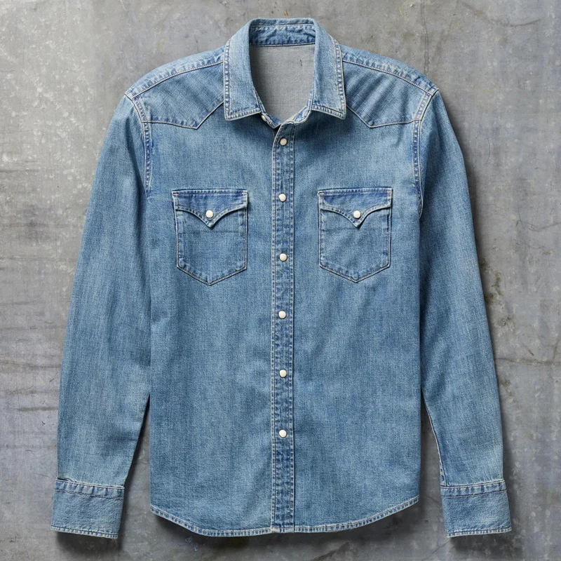 Men's Fashion Western Style Lapel Long Sleeve Denim Shirt 9903250571448