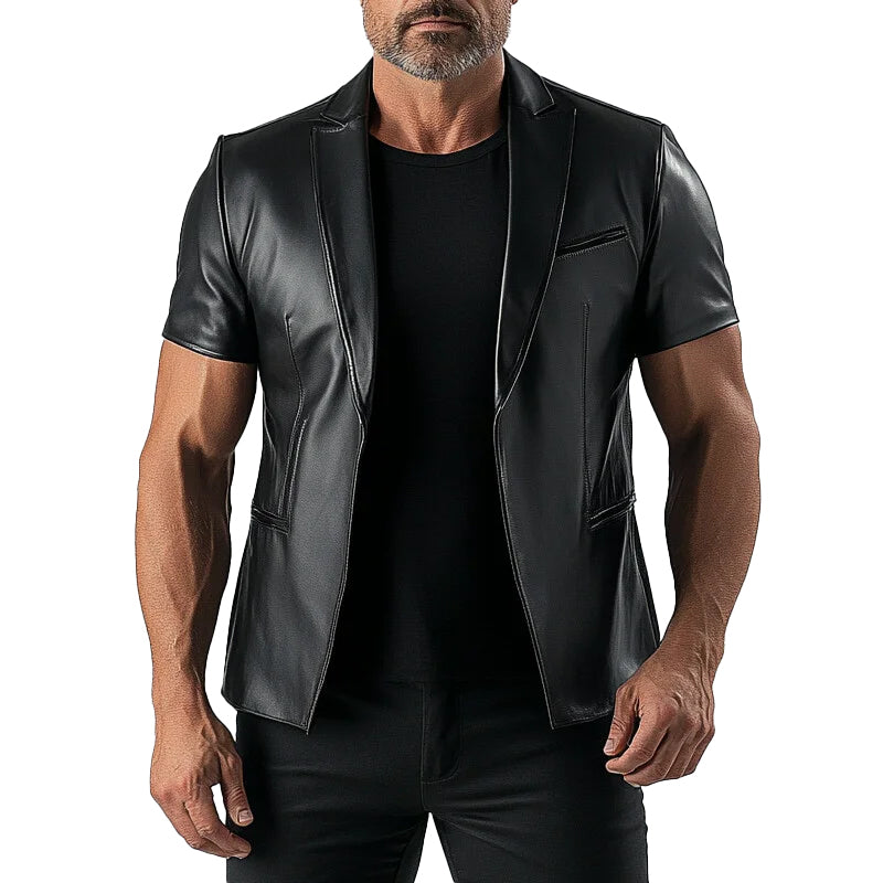 Men's PU Leather Solid Lapel Collar Short Sleeve Blazer 9899607163064