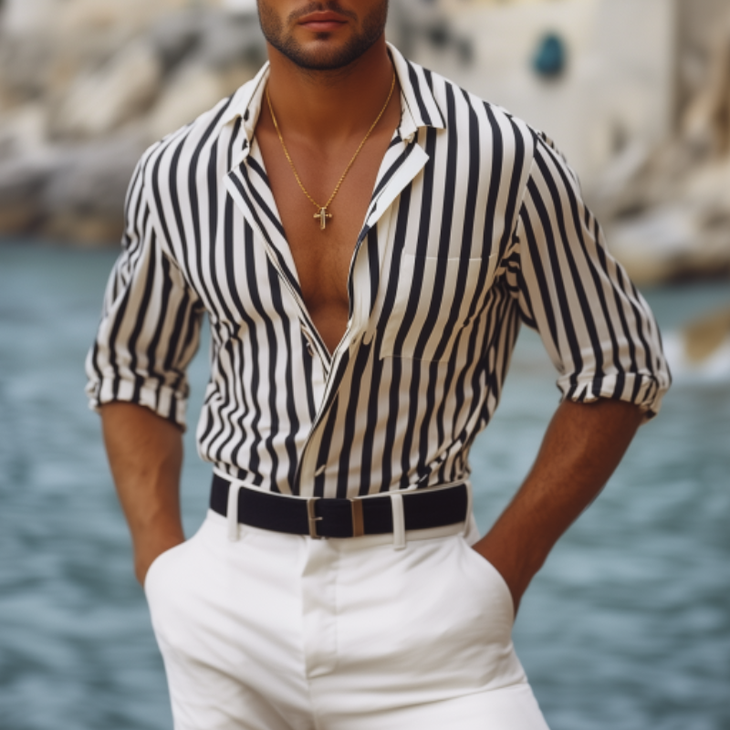 Men's Spring and Summer Fashion Vertical Striped Long Sleeve Shirt 9922016379064
