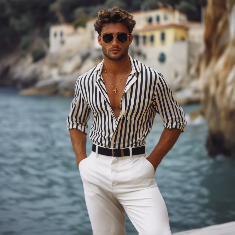 Men's Spring and Summer Fashion Vertical Striped Long Sleeve Shirt 9922016379064