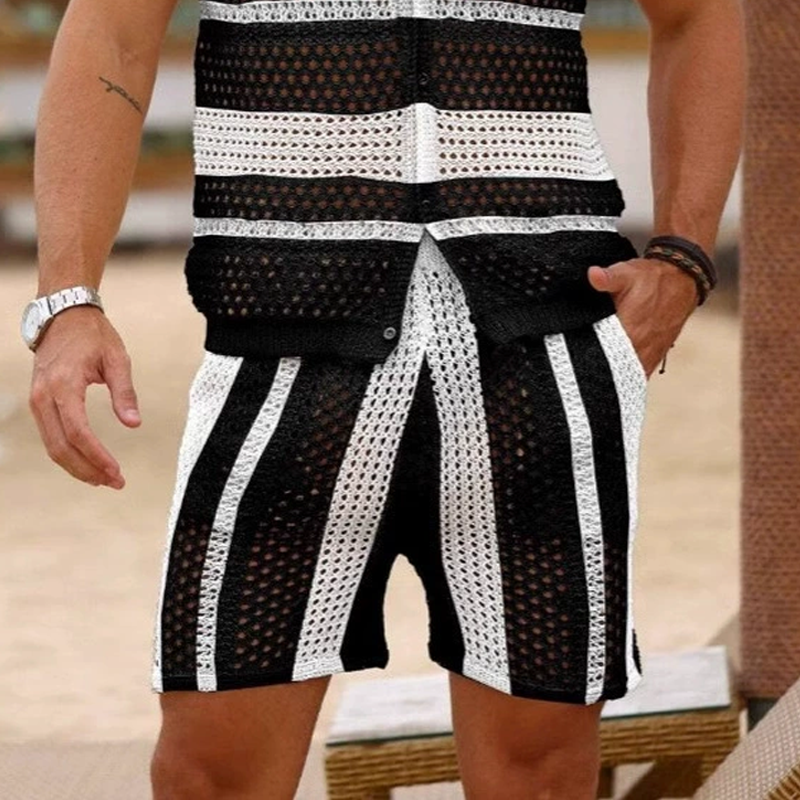 Men's Fashion Knit Striped Lapel Short Sleeve Shirt Shorts Set 9922015625400