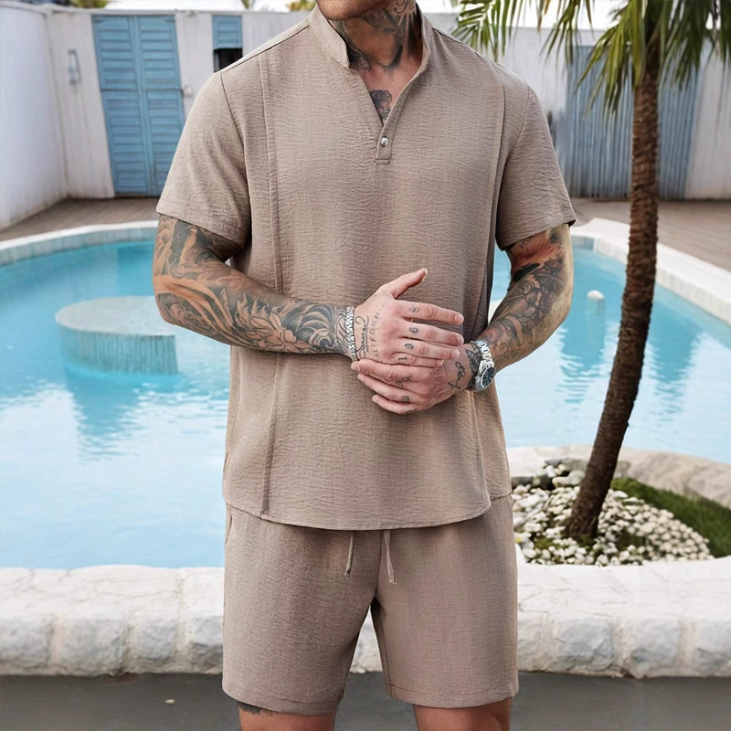 Men's Fashion Solid Stand Collar Short Sleeve Shirt Shorts Casual Set 9922015658168
