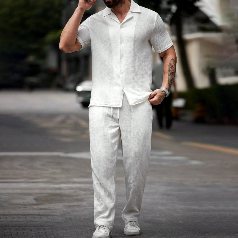 Men's Fashion Solid Textured Lapel Short Sleeve Shirt Trousers Casual Set 9922015723704