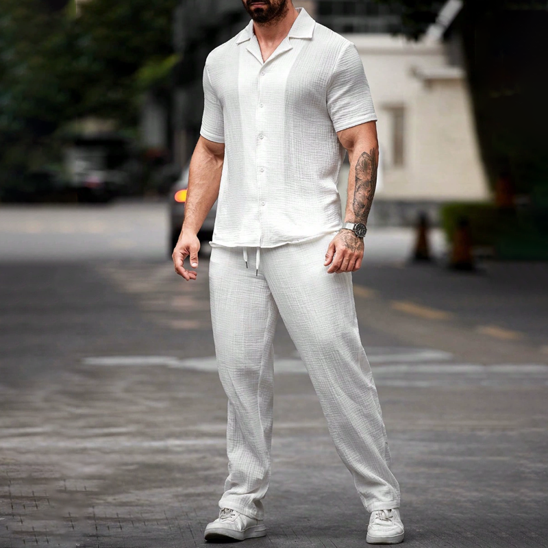 Men's Fashion Solid Textured Lapel Short Sleeve Shirt Trousers Casual Set 9922015723704