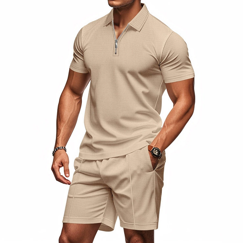 Men's Solid Waffle Zipper Lapel Short Sleeve Polo Shirt Shorts Casual Set 9922014576824