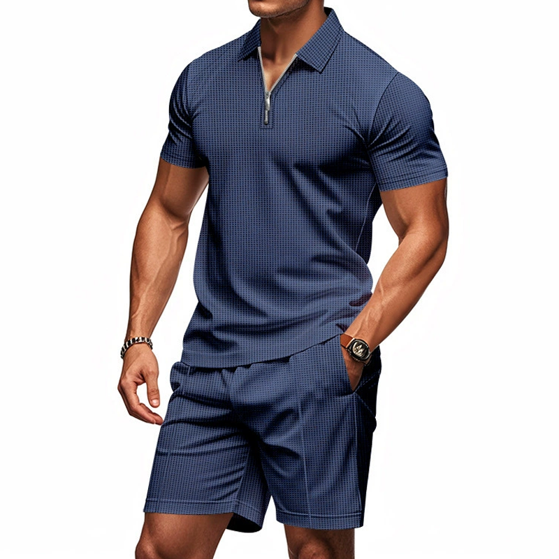 Men's Solid Waffle Zipper Lapel Short Sleeve Polo Shirt Shorts Casual Set 9922014576824