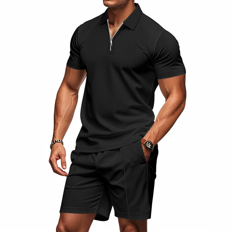 Men's Solid Waffle Zipper Lapel Short Sleeve Polo Shirt Shorts Casual Set 9922014576824