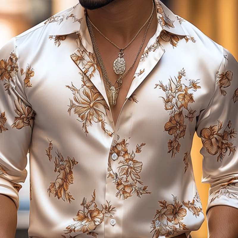 Men's Spring and Summer Fashion Retro Floral Printed Satin Long Sleeve Shirt 9922455896248