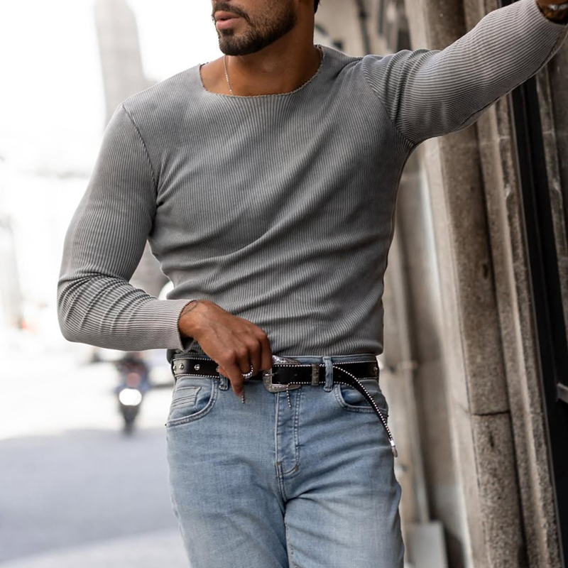 Men's Fashion Washed Striped Round Neck Long Sleeve T-shirt 9922452324536