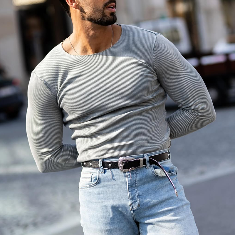 Men's Fashion Washed Striped Round Neck Long Sleeve T-shirt 9922452324536