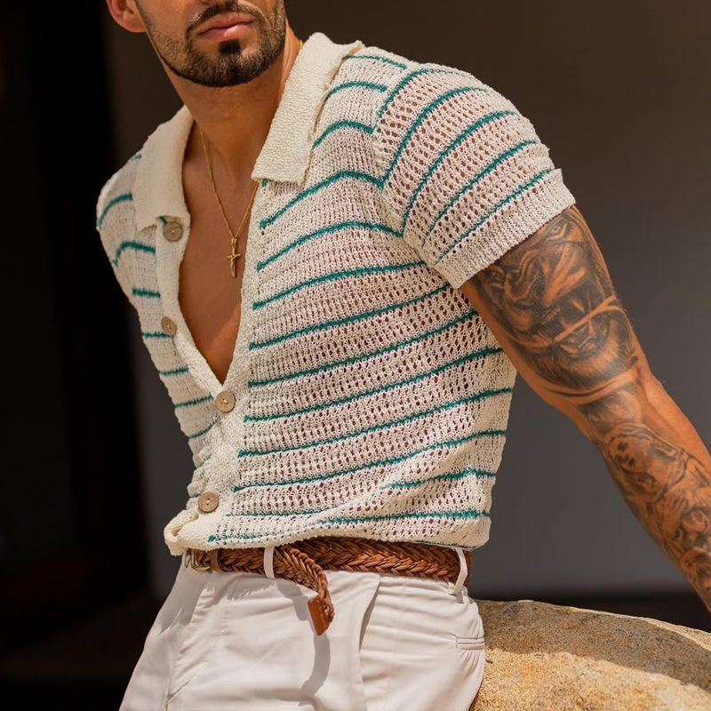 Men's Striped Knit Lapel Short Sleeve Single Breasted Polo Shirt 9922453405880