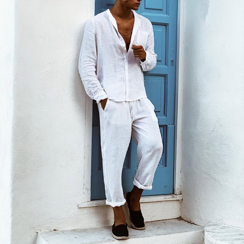 Men's Solid Cotton And Linen Round Neck Long Sleeve Shirt Elastic Waist Trousers Casual Set 9922453504184