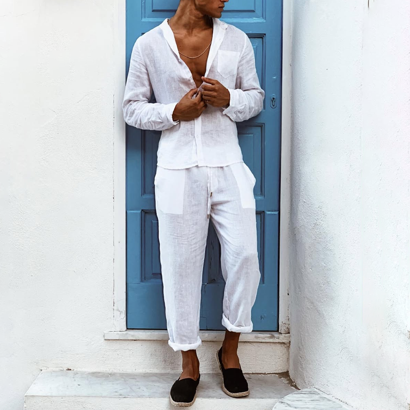 Men's Solid Cotton And Linen Round Neck Long Sleeve Shirt Elastic Waist Trousers Casual Set 9922453504184