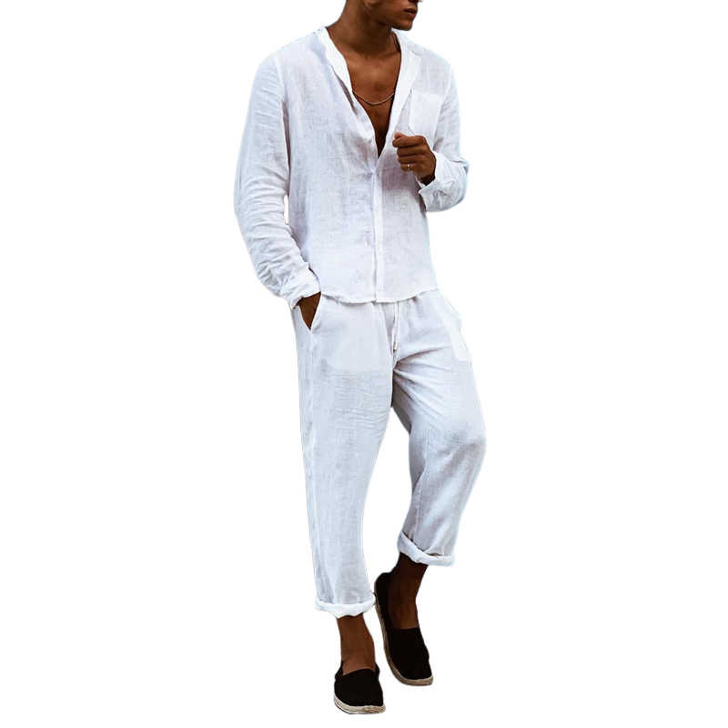Men's Solid Cotton And Linen Round Neck Long Sleeve Shirt Elastic Waist Trousers Casual Set 9922453504184