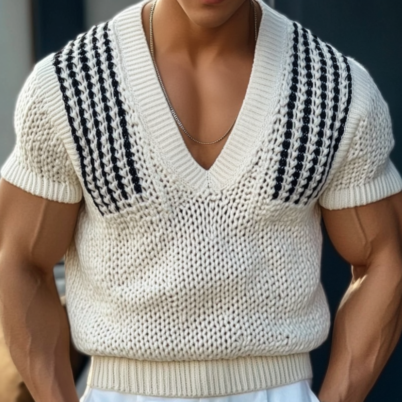 Men's Casual Striped Jacquard V-neck Slim Fit Knitted Short Sleeve Sweater 9922455208120
