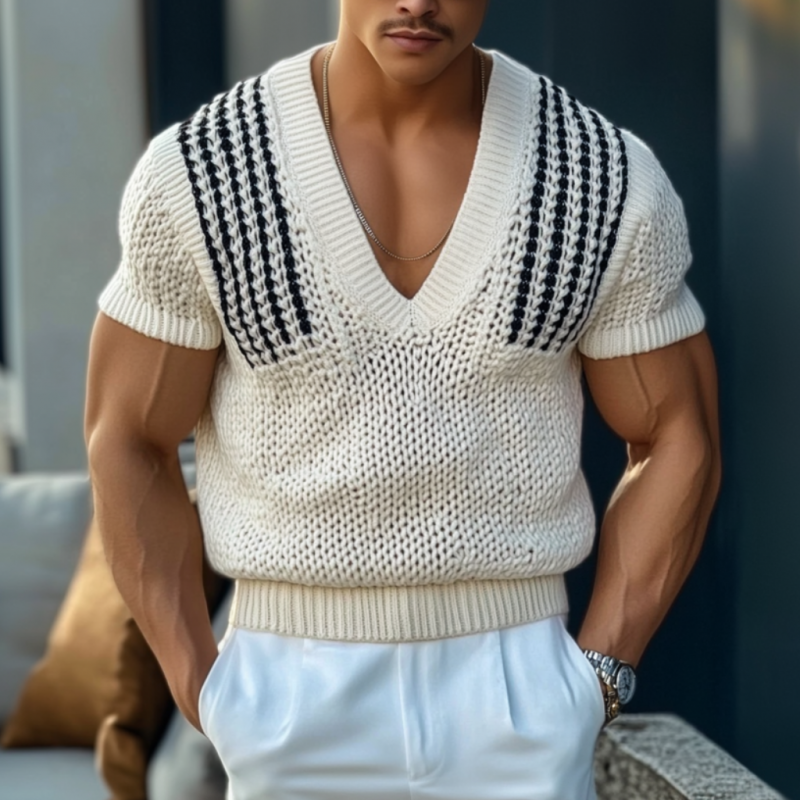Men's Casual Striped Jacquard V-neck Slim Fit Knitted Short Sleeve Sweater 9922455208120