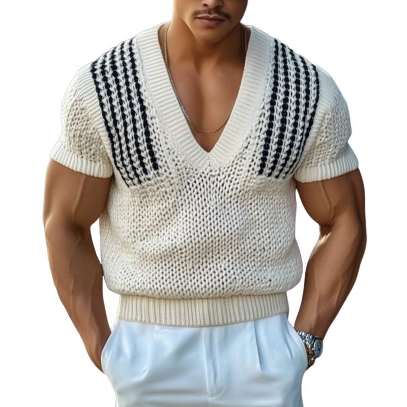 Men's Casual Striped Jacquard V-neck Slim Fit Knitted Short Sleeve Sweater 9922455208120