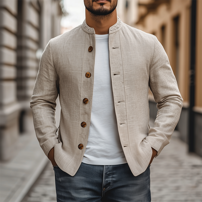 Men's Spring Retro Classic Lace Stand Collar Thin Cotton and Linen Jacket 9928622997688