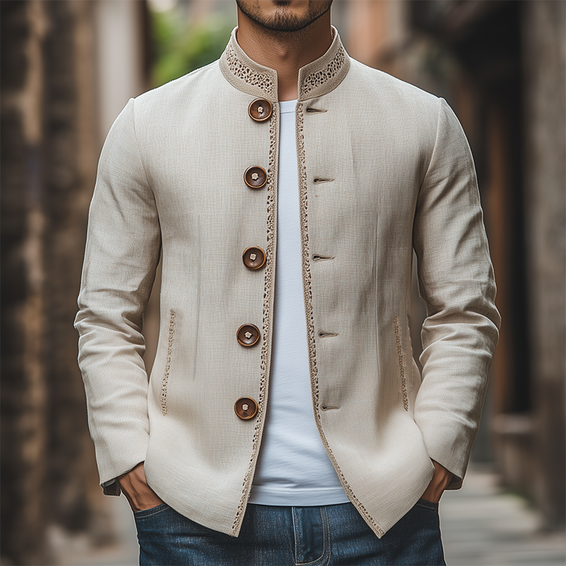 Men's Spring Retro Fashion Lace Stand Collar Thin Cotton and Linen Jacket 9928623095992