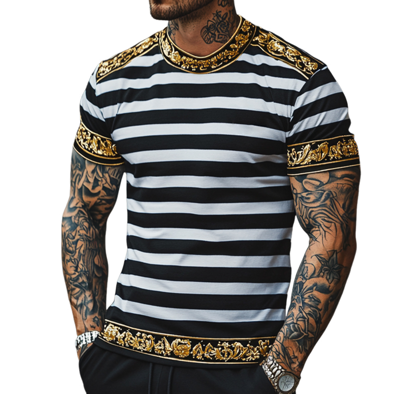 Men's Retro Casual Baroque Printed Round Neck Short Sleeve T-Shirt 9928620277944