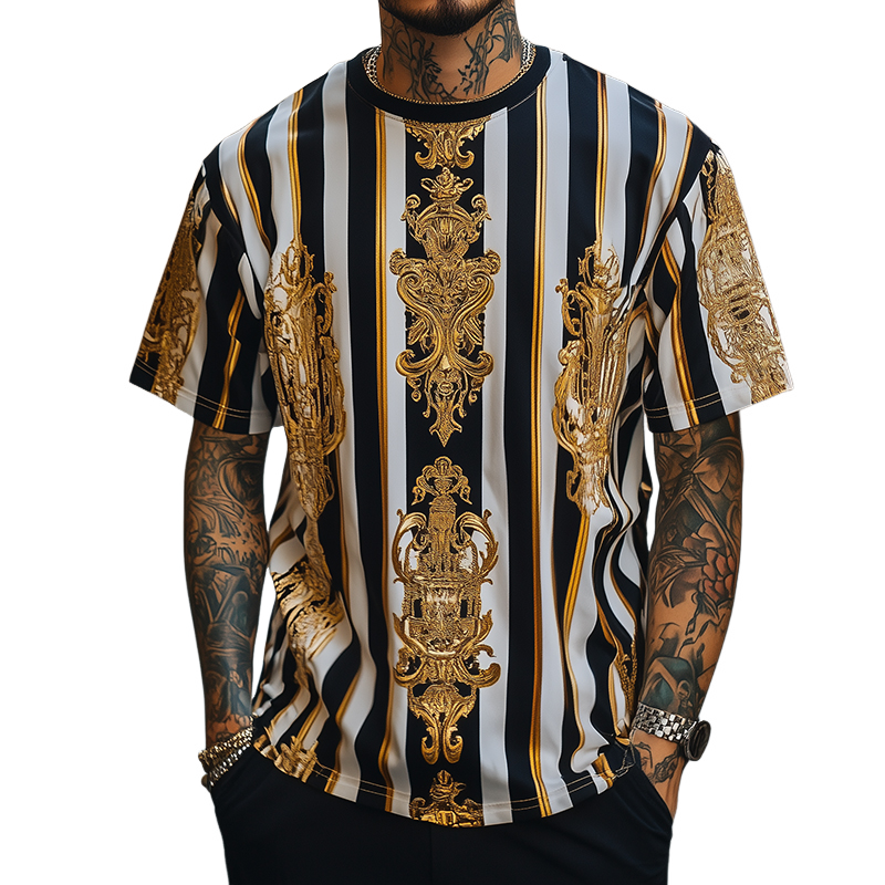 Men's Retro Casual Baroque Printed Round Neck Short Sleeve T-Shirt 9928620441784