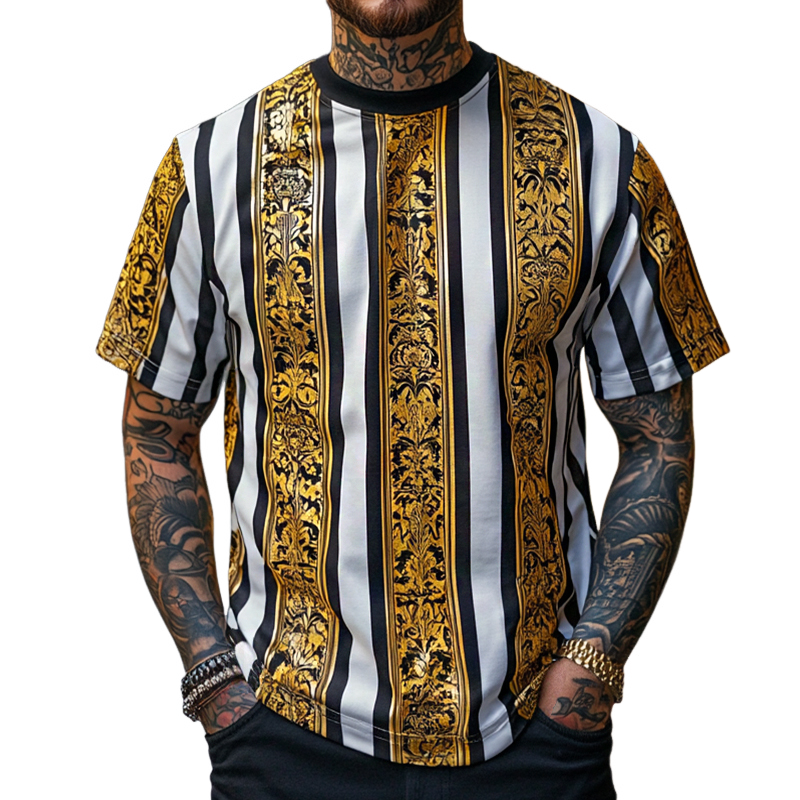 Men's Retro Casual Baroque Printed Round Neck Short Sleeve T-Shirt 9928620638392