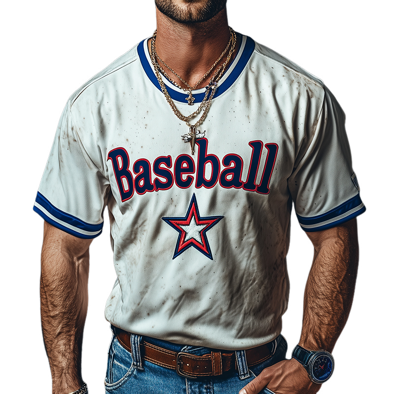 Men's Retro Casual Baseball Printed Round Neck Short Sleeve T-Shirt 9928621064376