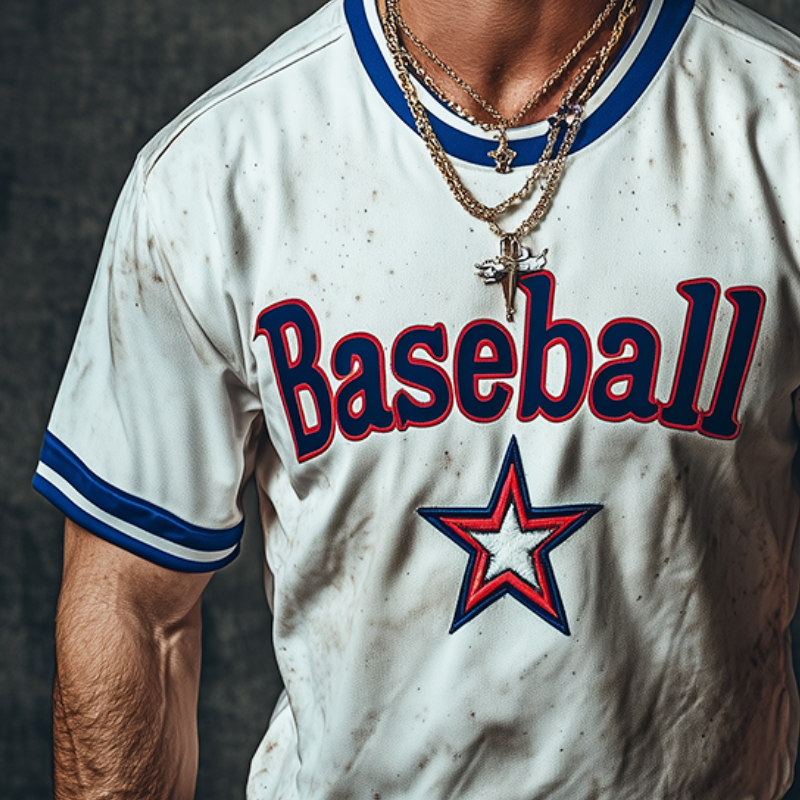 Men's Retro Casual Baseball Printed Round Neck Short Sleeve T-Shirt 9928621064376