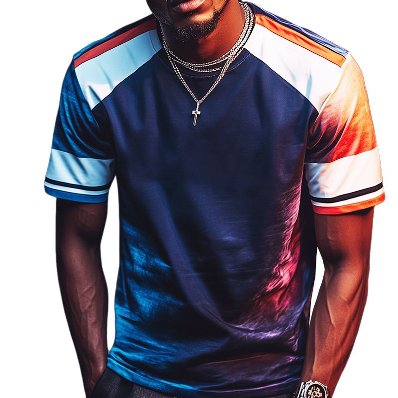 Men's Retro Casual Contrast Color Stitching Round Neck Short Sleeve T-Shirt 9928621326520