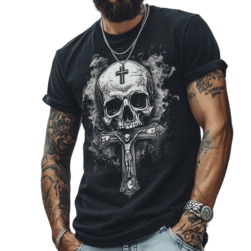 Men's Retro Casual Skull Cross Printed Round Neck Short Sleeve T-Shirt 9928621621432