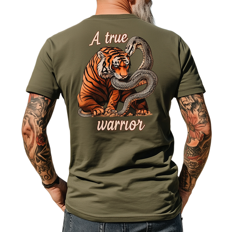 Men's retro casual A true warrior print round neck short sleeve T-shirt 9928622014648