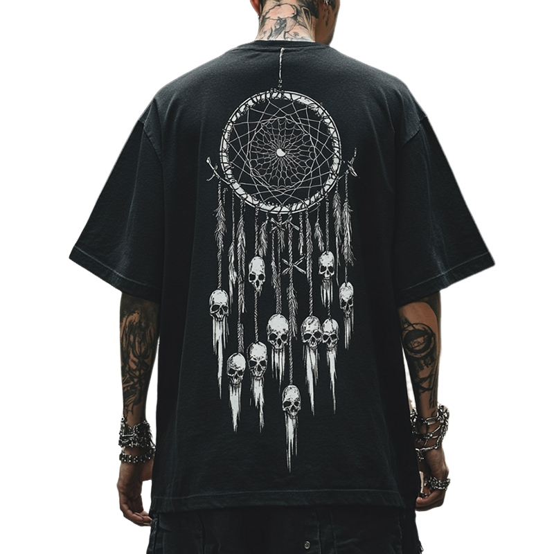 Men's Retro Casual Dreamcatcher Skull Print Round Neck Short Sleeve T-Shirt 9928622178488
