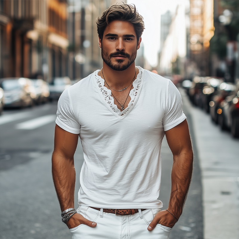 Men's Spring and Summer Fashionable V-neck Lace Stitching Cotton Short-sleeved T-shirt 9928619720888