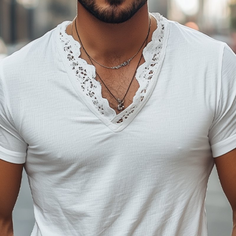 Men's Spring and Summer Fashionable V-neck Lace Stitching Cotton Short-sleeved T-shirt 9928619720888