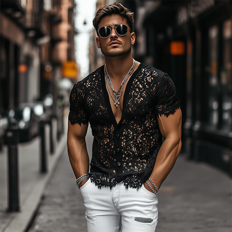 Men's Fashion Sexy Slightly Transparent Black Lace Short-sleeved Shirt 9928620179640