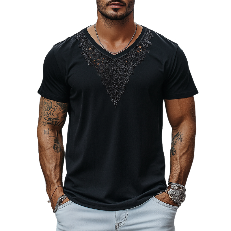 Men's Fashion Casual Lace V-neck Cotton Short-sleeved T-shirt 9928619851960