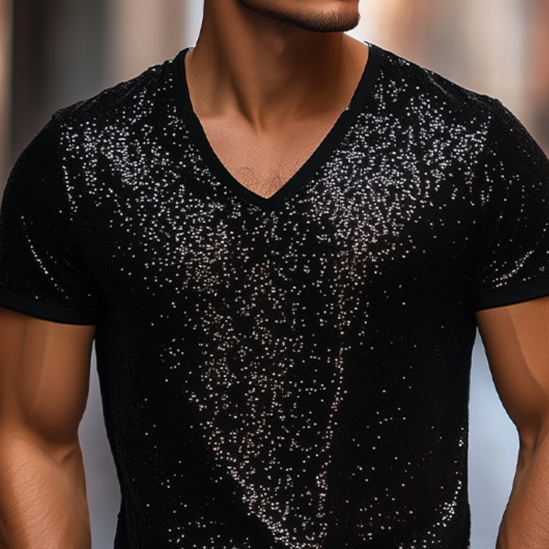 Men's Stylish Casual Personality Sequin Fabric Short-sleeved T-shirt 9928619983032