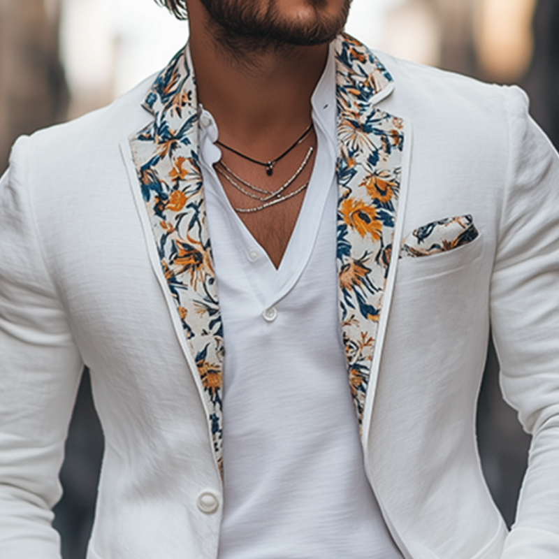 Men's Retro Fashion Collar Print Single Breasted Cotton and Linen Blazer 9928623882424