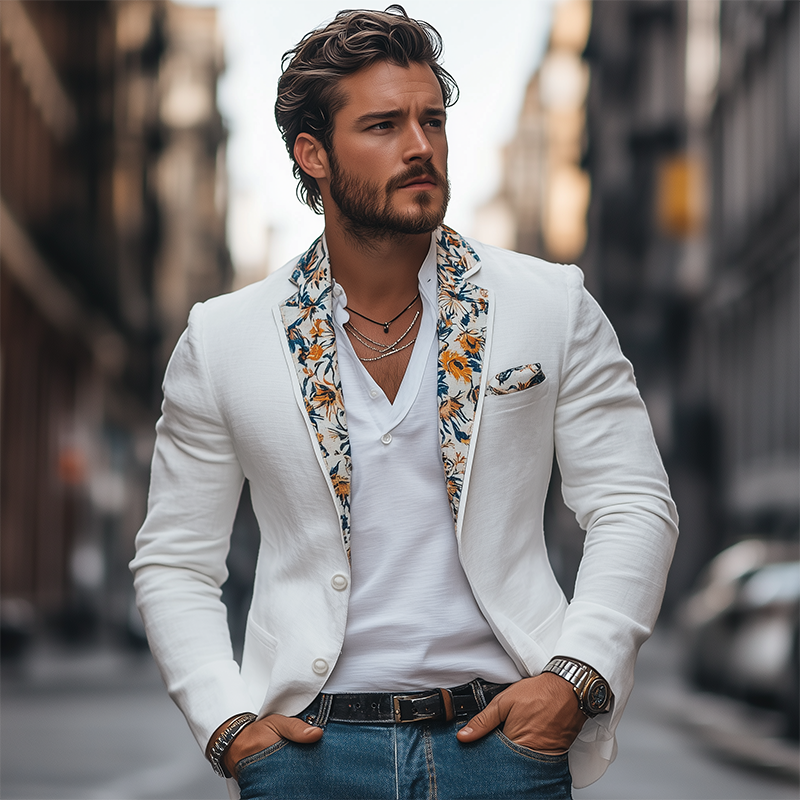 Men's Retro Fashion Collar Print Single Breasted Cotton and Linen Blazer 9928623882424