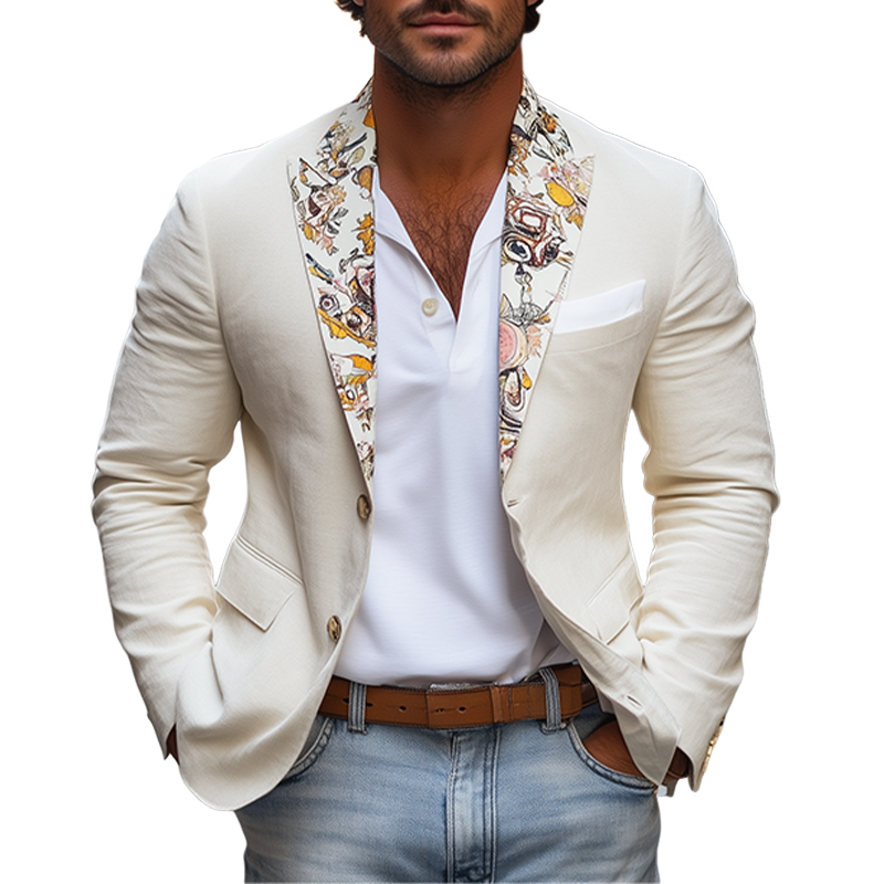 Men's Retro Fashion Collar Art Print Slim Fit Cotton and Linen Blazer 9928623751352