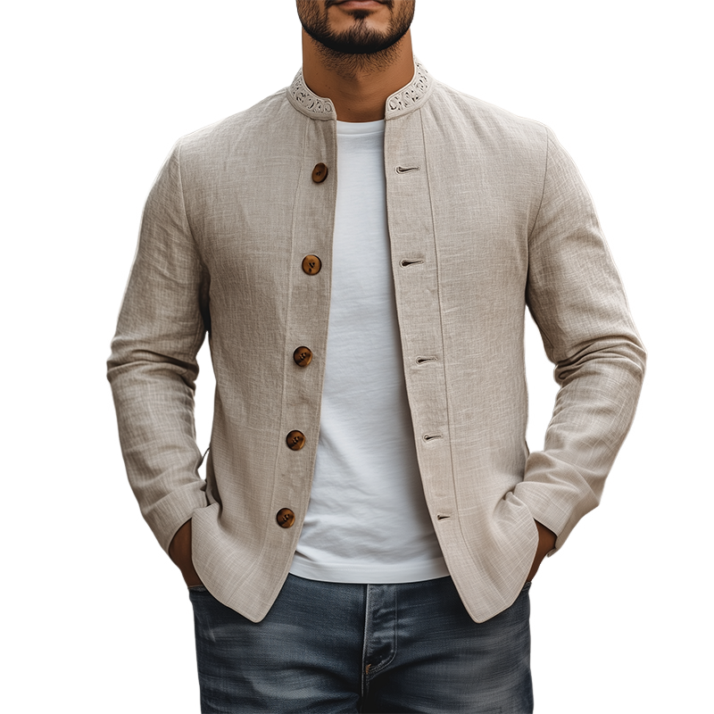 Men's Spring Retro Classic Lace Stand Collar Thin Cotton and Linen Jacket 9928622997688