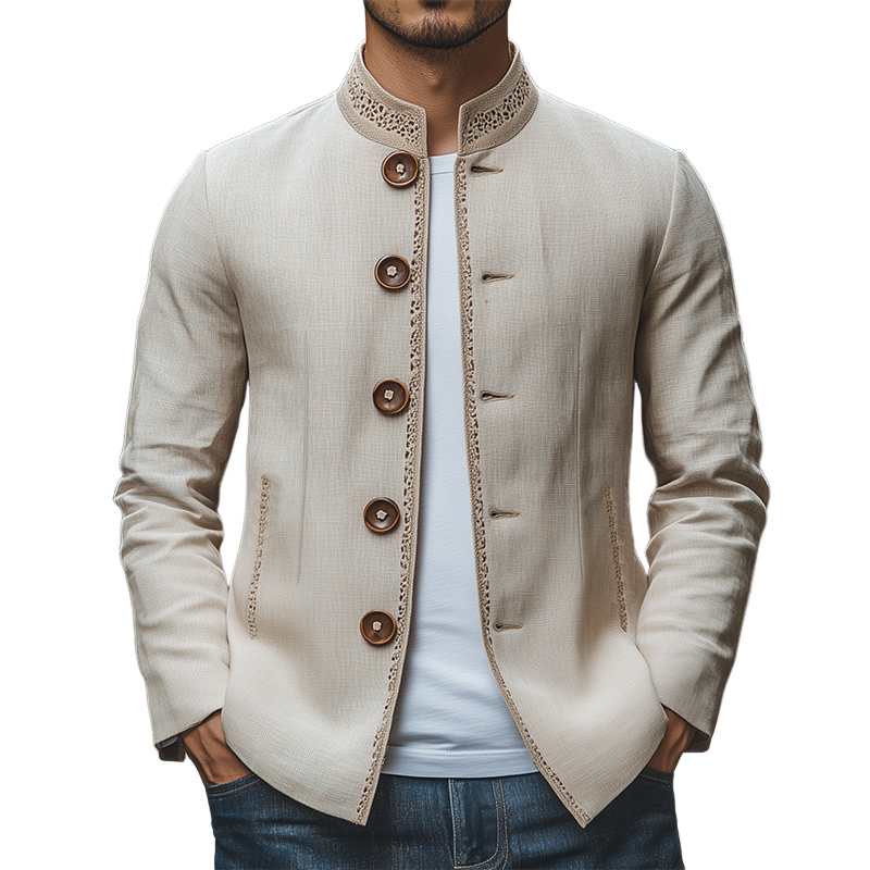 Men's Spring Retro Fashion Lace Stand Collar Thin Cotton and Linen Jacket 9928623095992