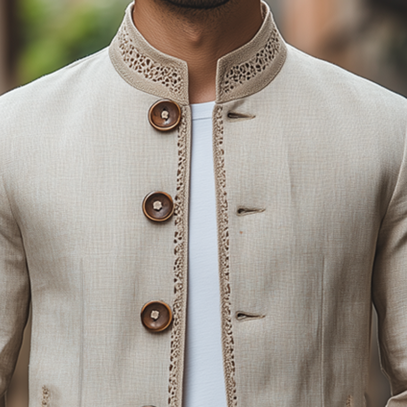 Men's Spring Retro Fashion Lace Stand Collar Thin Cotton and Linen Jacket 9928623095992