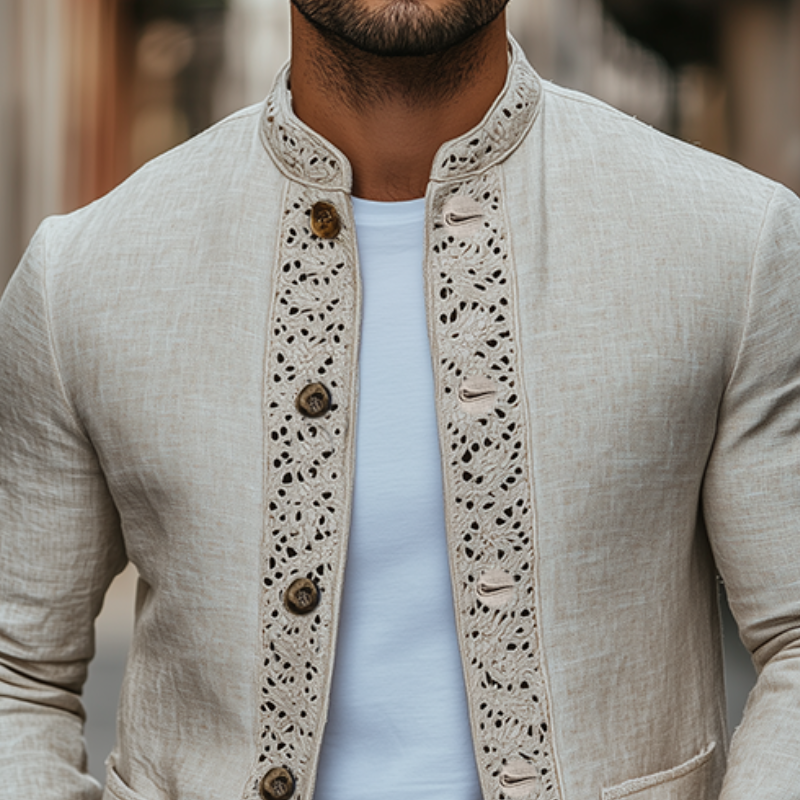 Men's Spring New Retro Lace Stitching Stand Collar Thin Cotton and Linen Jacket 9928623128760