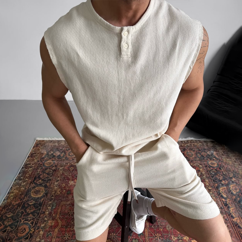 Men's Solid Henley Collar Sleeveless Tops Elastic Waist Shorts Casual Set 9928618836152