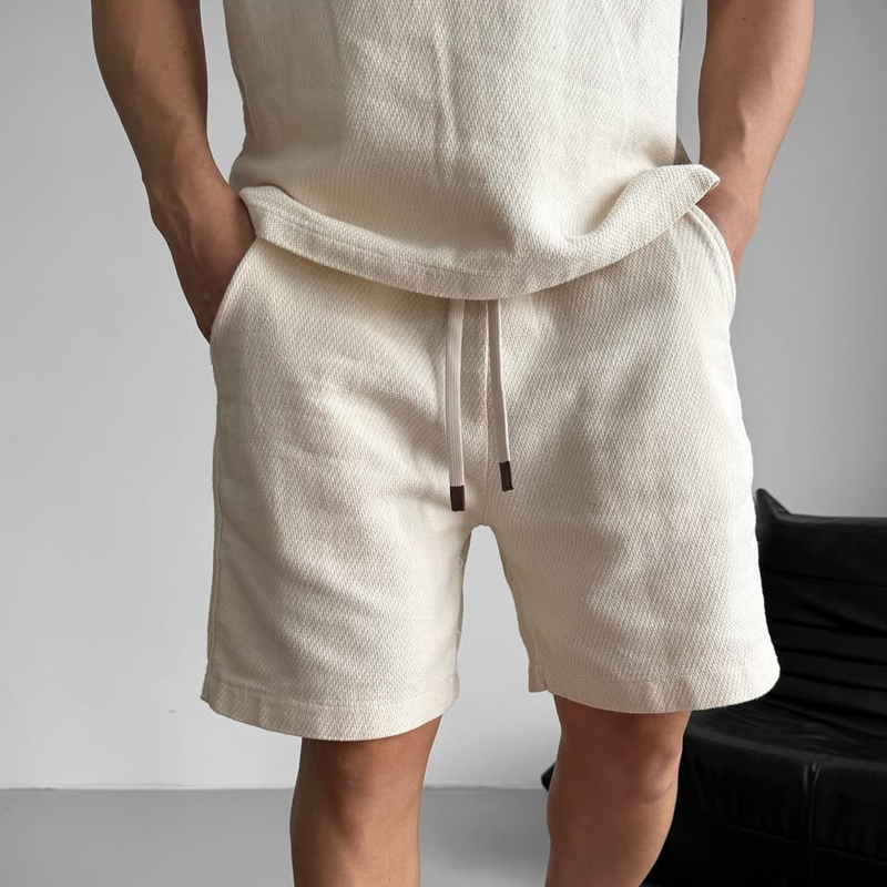 Men's Solid Henley Collar Sleeveless Tops Elastic Waist Shorts Casual Set 9928618836152