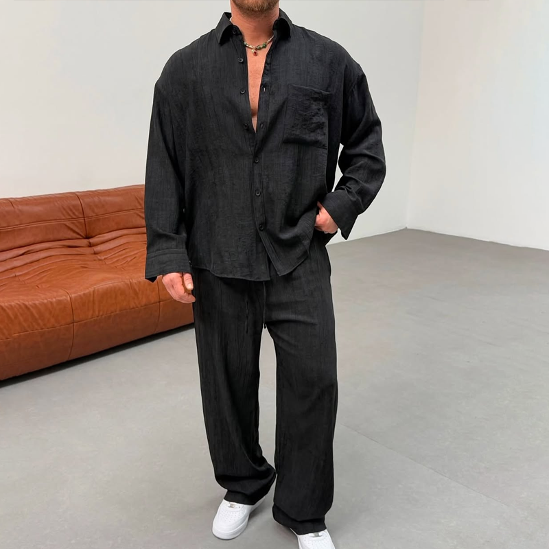 Men's Solid Loose Folds Lapel Long Sleeve Shirt Trouser Casual Set 9928618672312
